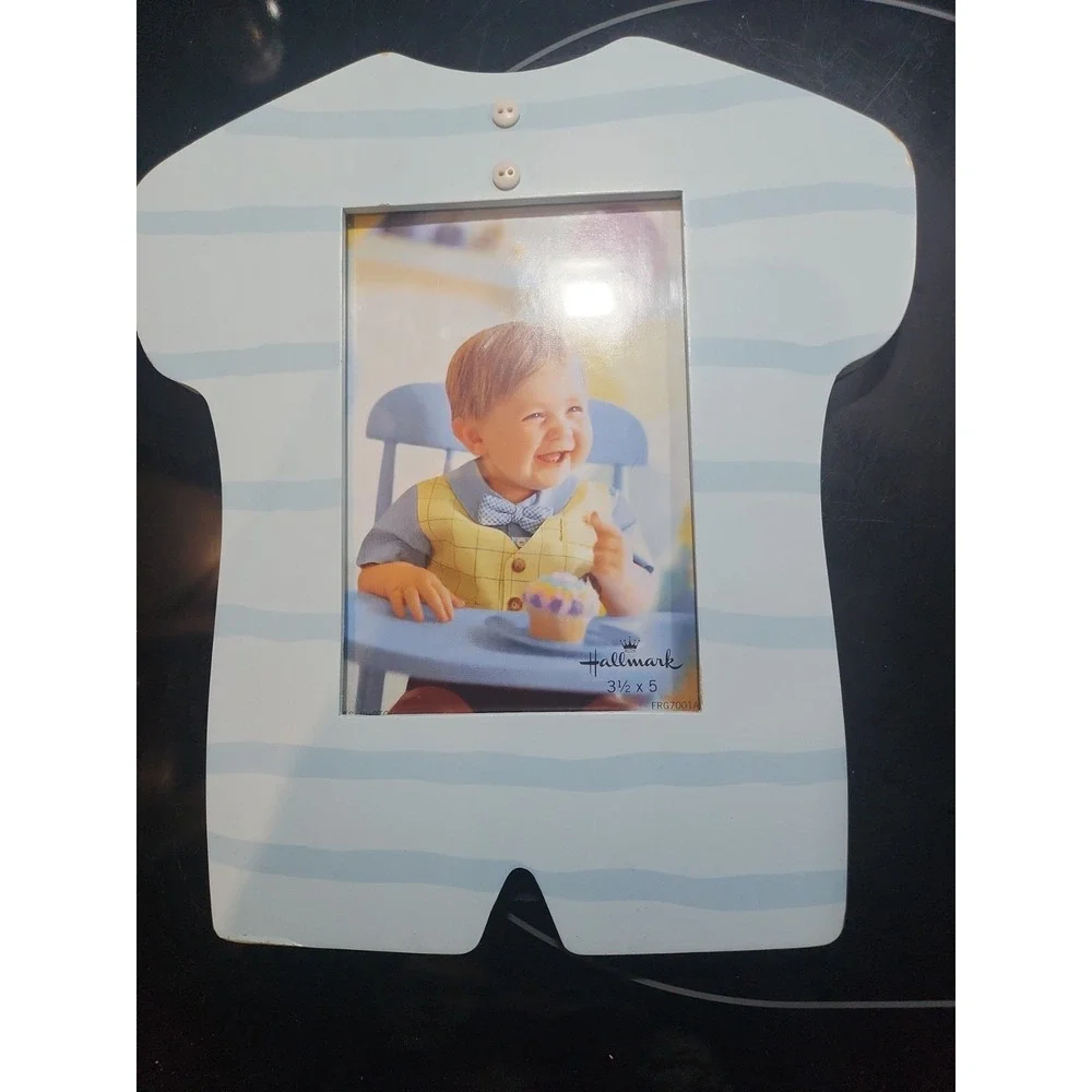Hallmark~Baby Boy Outfit~Wooden Frame~Holds 3 1/2